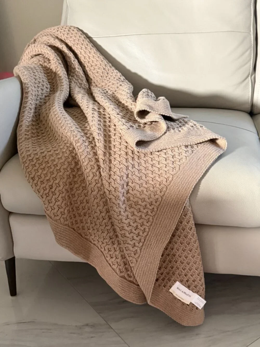 Boll & Branch Organic Cotton Cable Knit Throw Blanket Taupe Beige 55x70